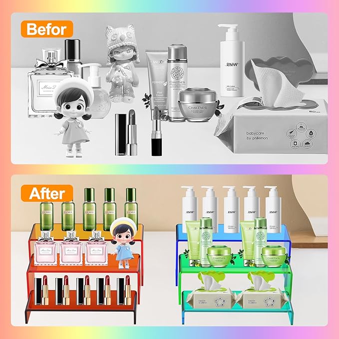 6 PCs Risers Display Stands 3 Tiers Desktop Acrylic Shelves Cake Dessert Holder Products Stand for Collectibles Shoes Jewels Pop Figure (Mix Colors)
