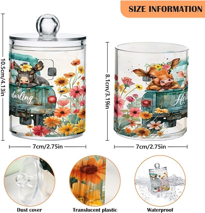 2 Pack Qtip Holder Dispenser for Cotton Ball Cow Pig Donkey Truck Swab Round Pads Clear Plastic Acrylic Jar Set Bathroom Canister