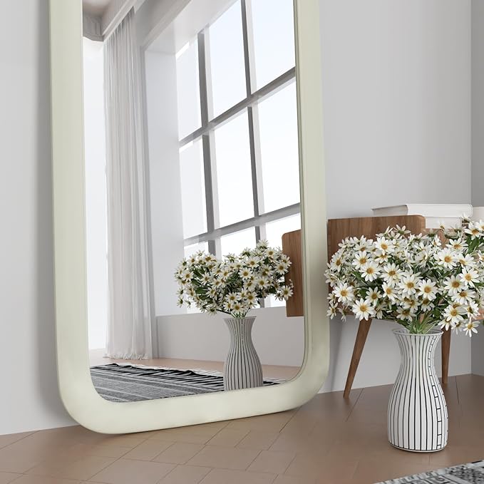 Full Length Mirror 56"x20" Arch Floor Mirror with Stand Arched Full Body Mirror Standing Hanging or Leaning Against Wall for Bedroom Flannel Wrapped Wooden Frame White