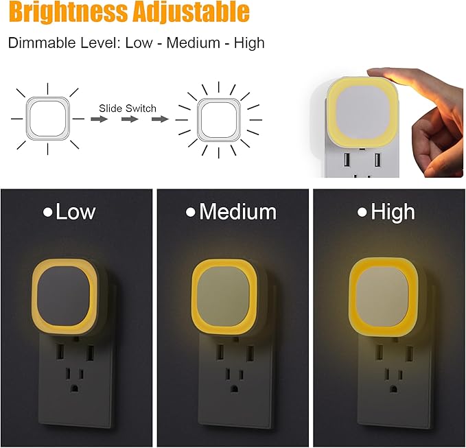 YUNLEX 2 Pack Plug in Dimmable Night Light, Square Nightlight, Auto Dusk to Dawn Sensor, Soft Glow, Diffused Light, Golden Yellow Light for Bathroom, Hallway, Stairs, Kitchen, Bedroom, Garage