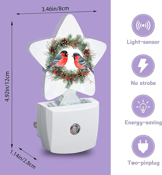 Watercolor Bullfinches Nightlights Plug in Wall,Decorative Star Lamp with Automatic Lighting for Living Space,Gentle Glow for Kids Room,Hallway,Bathroom