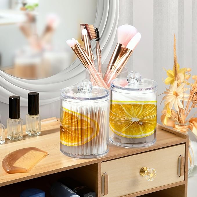 Nander 4Pack Fresh Lemon Slices Qtip Holder Dispenser -Clear Plastic Apothecary Jars Set - Restroom Bathroom Makeup Organizers Containers for Cotton Swab, Ball, Pads, Floss
