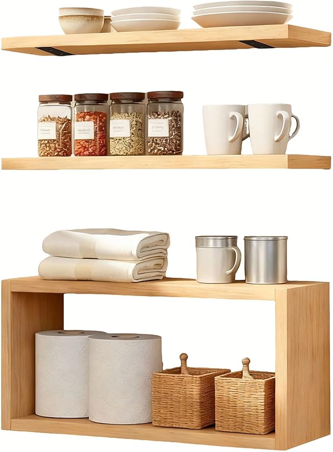 Wall Mounted Floating Shelf, c Long for Bedroom Living Room Kitchen Staircase Bathroom Above Toilet Wall Decoration Book Storage Room Recoration (3piece Set) Natural Wood Color
