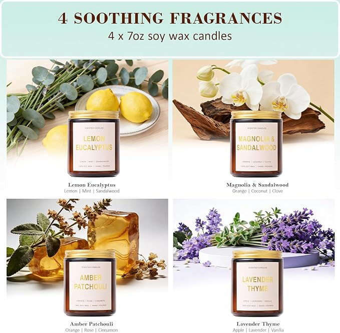 Candles for Home Scented, 4 Pack Soy Candle Non Toxic, Spring Scented Candles with Lavender Thyme, Magnolia & Sandalwood, Amber Patchouli, Lemon Eucalyptus - Candle Gifts Set for Women & Mothers Day