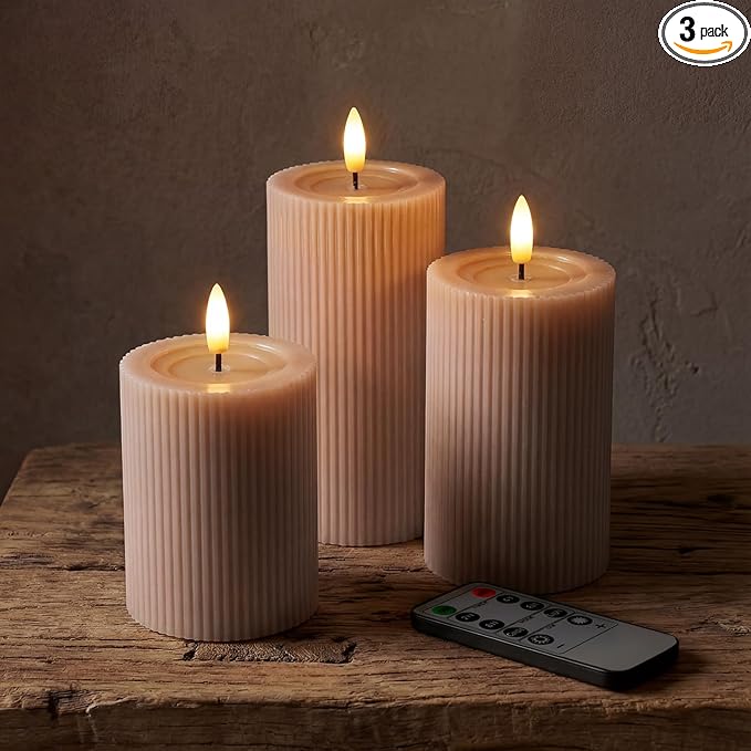 Fluted Ribbed LED Pillar Candles, Blush Beige, with Reflective Melted-Wax Effect – Flickering Flame, Remote, Dimmable, Flameless, Battery Operated, Home & Wedding Decor (Set of 3)