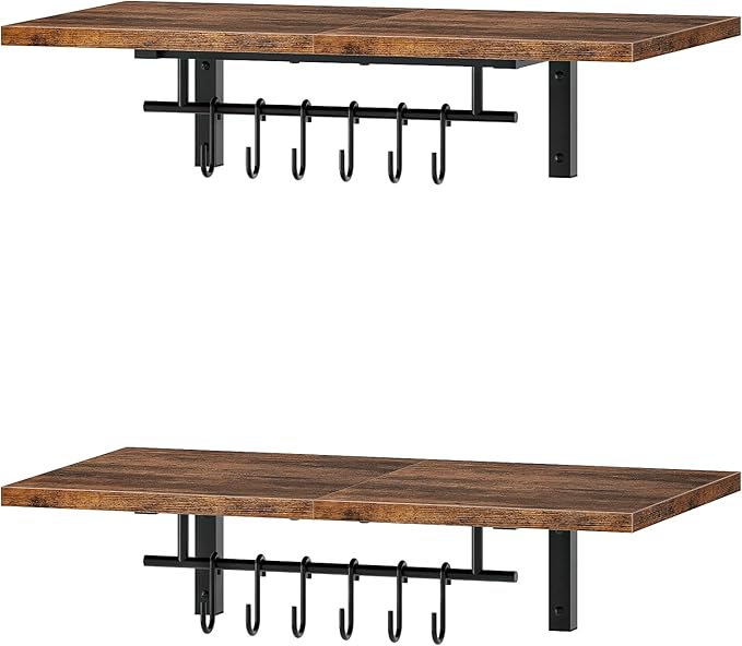 CHOEZON Wall-Mounted Pot Racks, Set of 2 Hanging Pot Rack, Floating Shelves, Wall Shelves, Vintage Pot Hangers for Kitchen, Wall Rack for Kitchen Storage, Rustic Brown and Black TPR26P2BF