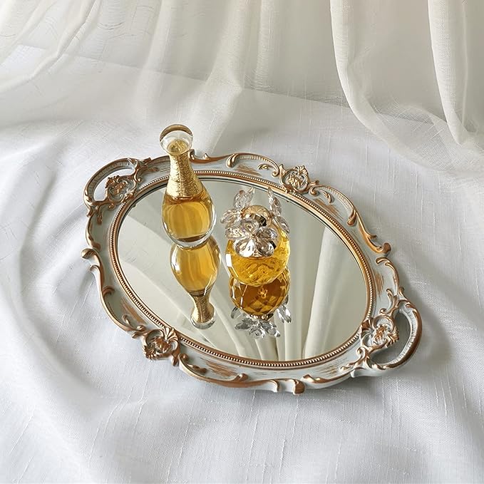 Oval Decorative Mirror Tray, French Style, Makeup Organizer, Jewelry Organizer, Serving Tray, 9.8"x 14.6", Golden Grey