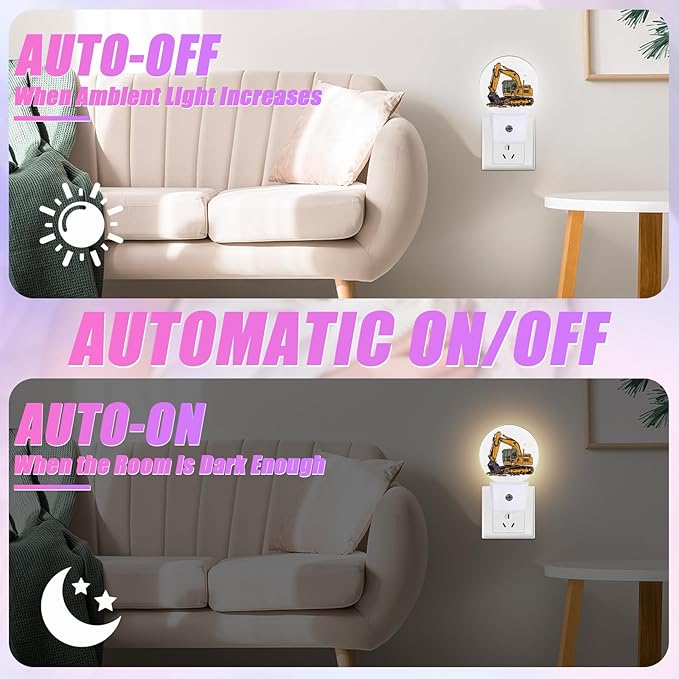 Cartoon Excavator Night Light Mechanical Construction Truck Night Lights LED Lamp Round Plug into Wall Nightlight with Dusk to Dawn Sensor Home Hallway Stairway Kitchen Decor