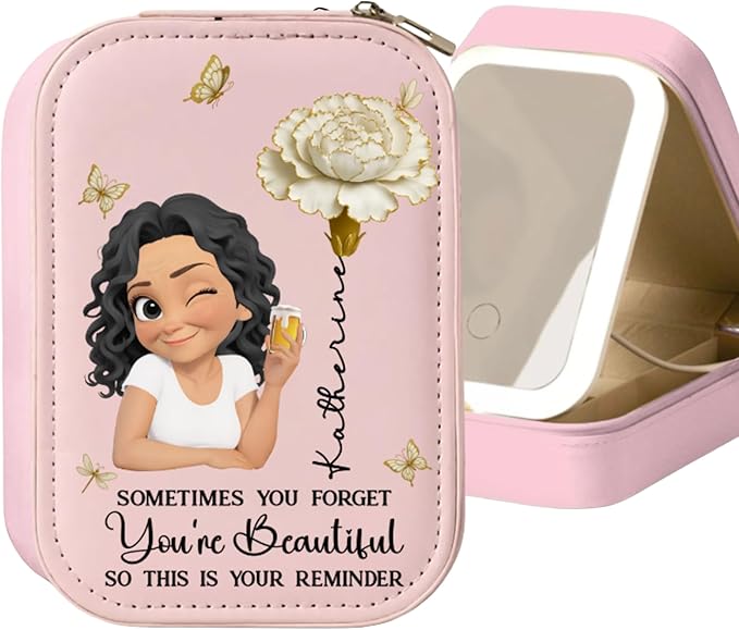 Wrappiness Women & Girls Floral Makeup Box With LED Mirror - Personalized Birthmonth Flower Travel Jewelry Organizer Gift for Daughters Sisters on Birthday (Floral Heart, Aged Women)