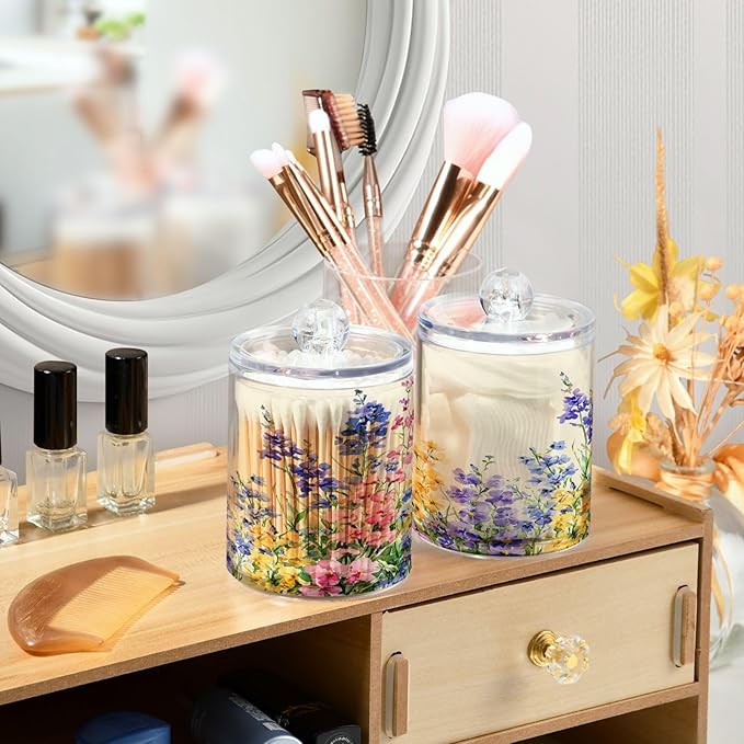 Nander 4Pack Beautiful Wildflowers Qtip Holder Dispenser -Clear Plastic Apothecary Jars Set - Restroom Bathroom Makeup Organizers Containers for Cotton Swab, Ball, Pads, Floss