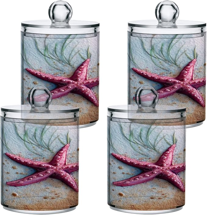2 Pack Apothecary Jars,Starfish on Sand Bathroom Vanity Storage Organizer Set,Small Clear Plastic Storage Jars Bathroom Canister for Cotton Swabs,Rounds,Balls,Qtips,Makeup Sponges