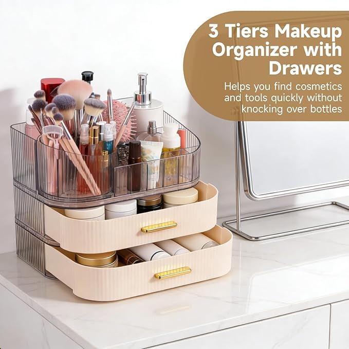 Makeup Organizer, 3 Tiers With Drawers, 360° Rotating Brush Holder, Large Capacity Cosmetic Storage With Clear Top Slots, For Skincare Perfume Lipstick Jewelry