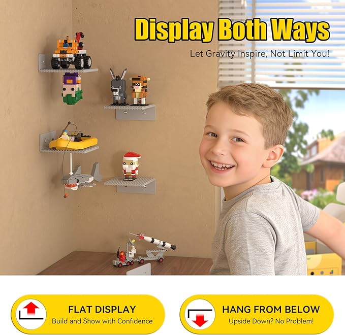 BlissBox 12-Pack Floating Display Shelves for Wall Compatible with Lego Building Bricks, 5 × 5.5 Inch Dual-Sided 16 × 17 Studs for Brick Storage and Display, ABS Display Shelf for Room Decor, Gray