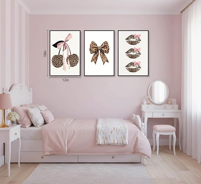 YZLYAD 3Pcs Trendy Leopard Print Wall Art,Fashion Bow Cherry Lips Y2k Poster Pictures,Stylish Preppy Aesthetics Girls' Rooms Canvas Wall Decor for Bedroom Dorm Apartment.12x16in Unframe
