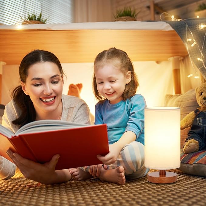 Fenmzee Small Table Lamp for Bedroom - Inline Control, Bedside Lamp with 3000K A15 LED Blub, Easy Assembly (White Shade - Walnut Base, 9" Inline Control)