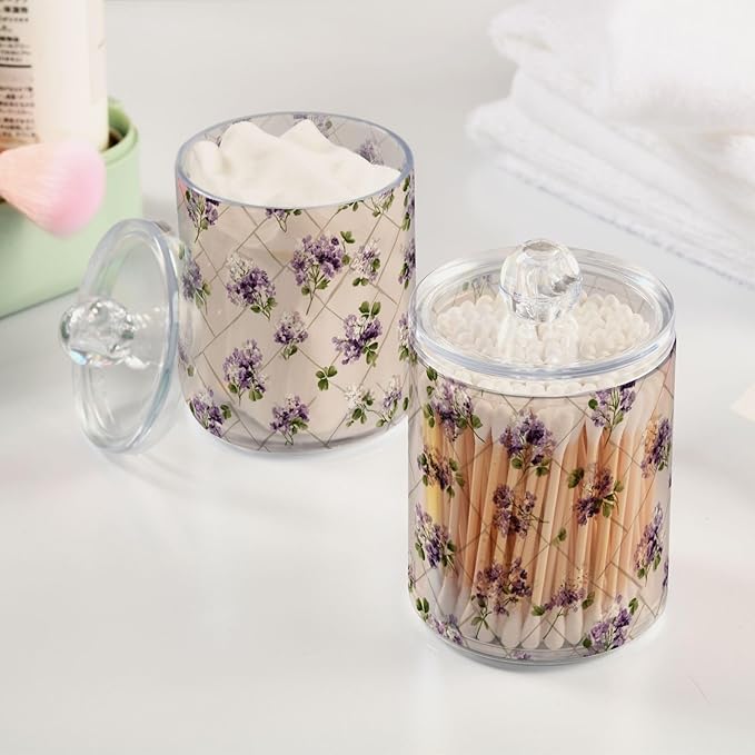 2 Pack Apothecary Jars Vintage Purple Clover Floral Art Bathroom Vanity Storage Organizer Set,Small Clear Plastic Storage Jars Bathroom Canister for Cotton Swabs, Rounds, Balls, Qtips,Makeup Sp