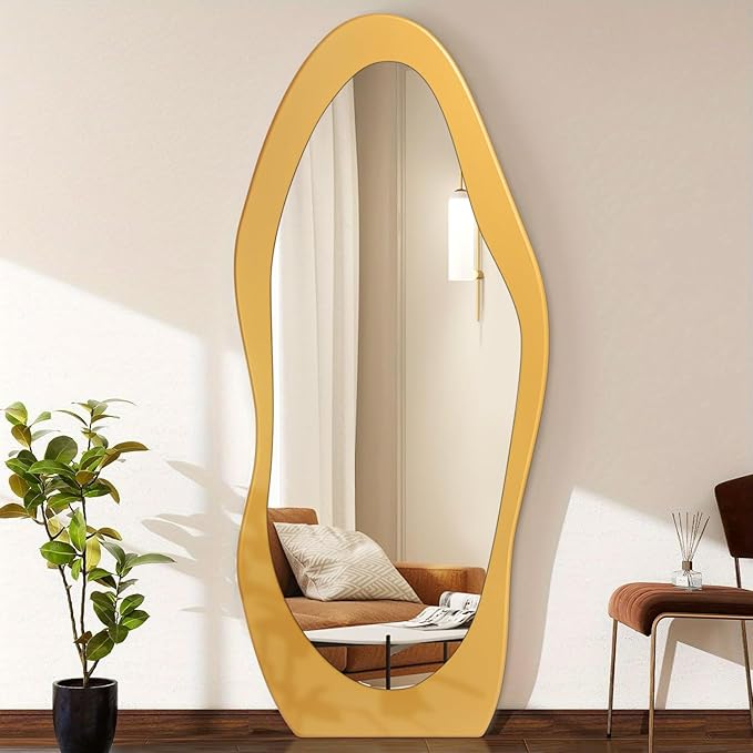Full Length Mirror Gold Wooden Full Body Mirrors 59"x24" Irregular Wavy Mirror Full Length Floor Mirror for Cloakroom Bedroom Living Room