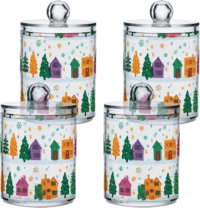 2 Pack Apothecary Jars Christmas Village Trees Pattern Bathroom Vanity Storage Organizer Set,Small Clear Plastic Storage Jars Bathroom Canister for Cotton Swabs, Rounds, Balls, Qtips,Makeup Spo