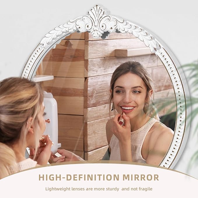 Farmhouse Round Wood Mirror - 30x30 Inches Antique White Baroque Wall Mirror, Ornate Beaded Decorative Mirror for Mantel, Living Room