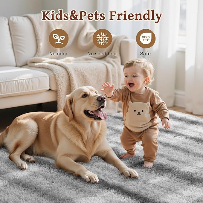 4x6 Feet Area Rugs for Bedroom,Grey and White Plush Fluffy Shaggy Living Room Rugs Non-Slip, Ultra Soft Carpet for Nursery Kids PlayRoom Dorm Office Indoor
