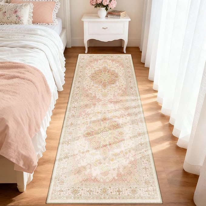 CAPALOCA Machine Washable Rugs Nursery Rug 2x6 Cute Girl Non Slip Low Pile Water Repellent Soft Print Pattern for Bedroom Indoor Decor Kids Playroom Pink Green