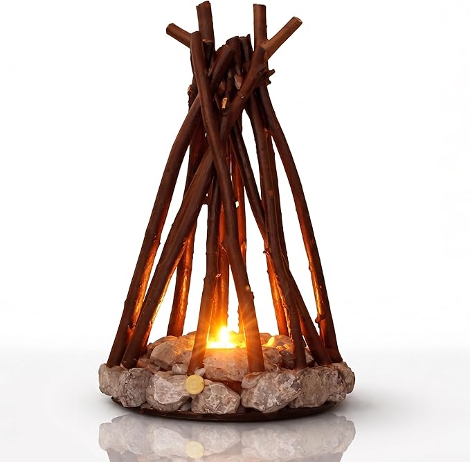 LED Night Light Wooden Campfire LED Dimmable Lamp with 3 Lighting Modes & Flame Sound, USB Powered Kids Nightlight & Desk Lamp for Bedroom, Office, and Relaxation, L