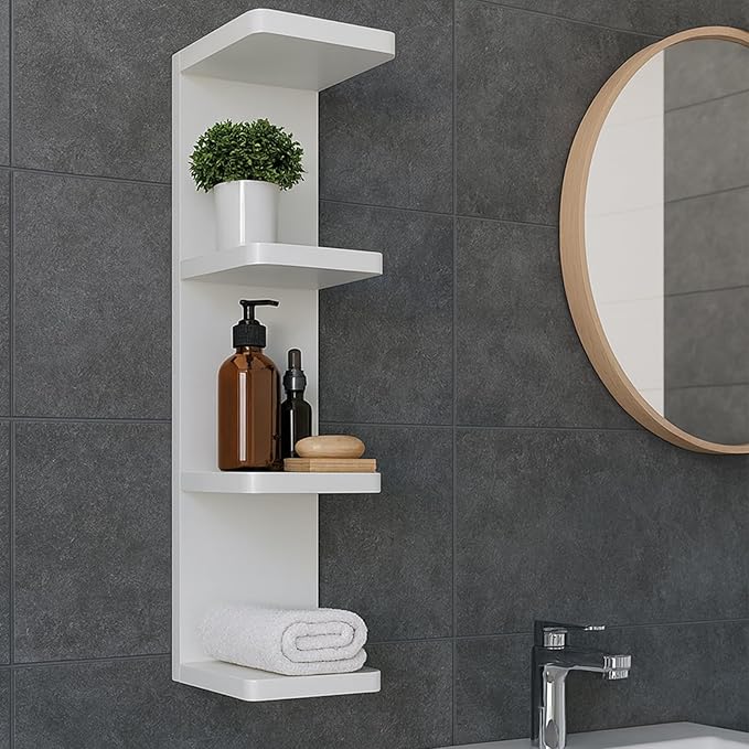 LitaEther Modern Lack Wall Shelf -Round Edge (White, 4 Tier)