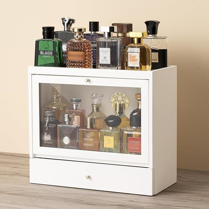 Emfogo Cologne Organizers Stand for Men, Solid Wood Perfumes Organizers Stand for Men Dresser, Large Capacity Dustproof Cologne Holder with Drawer Storage Perfume Stand, Ideal Gift for Loved ones
