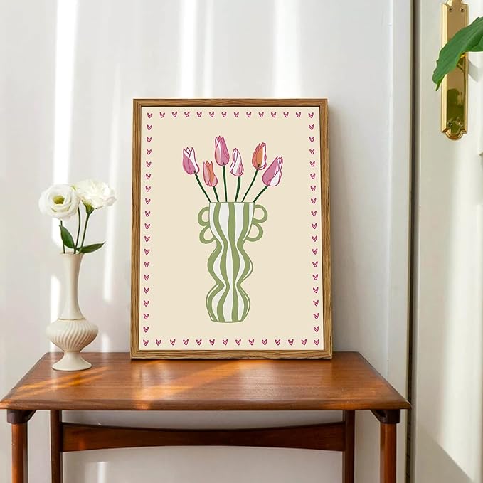 Framed Boho Floral Canvas Wall Art Set of 3, Pink Tulip Flower Paintings Wall Decor, Abstract Botanical Pictures Prints Minimalist Home Decor Aesthetic for Living Room Bedroom Office 16×24 inch