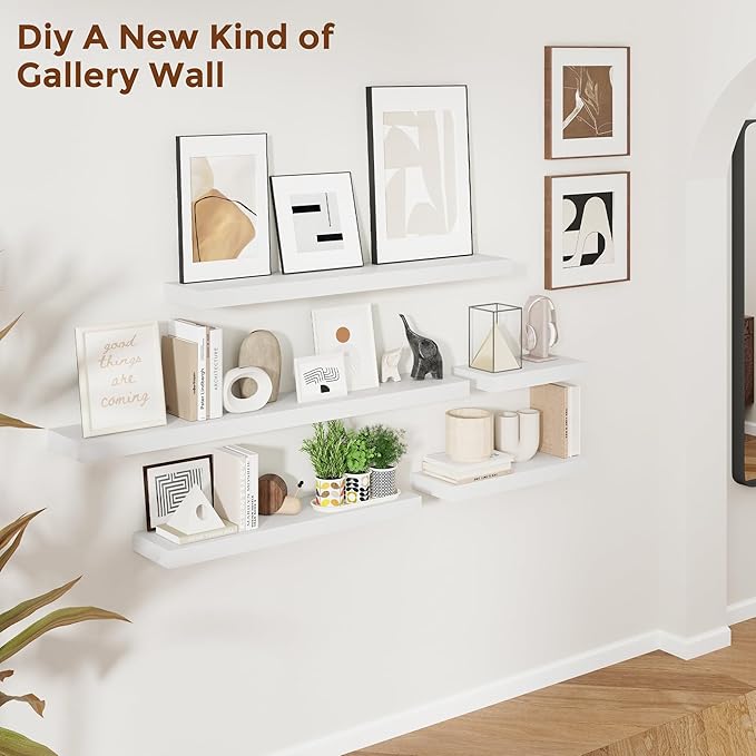 Heimlove 16 Inch Floating Shelves for Wall White Shelves Set of 2,Wall Mounted Rustic Wood 8 Inch Deep Floating Shelf with Invisible Brackets for Bedroom Kitchen Living Room