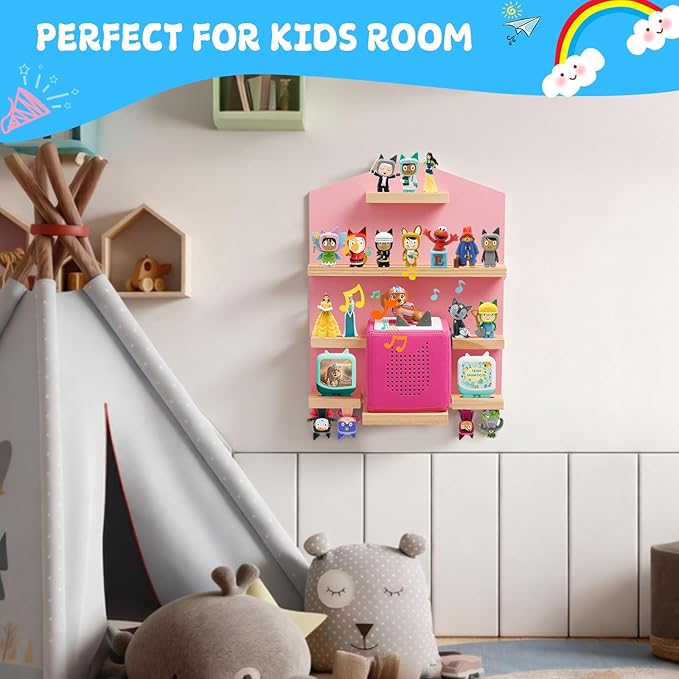 Gieanoo for for TonieBox 2/1 Toniebox Shelf, Magnetic Shelf for Tonies Pine Wooden Floating Wall Shelves Organizer Compatible with Tonie Box Player and Tonie Figures Storage(Pink)