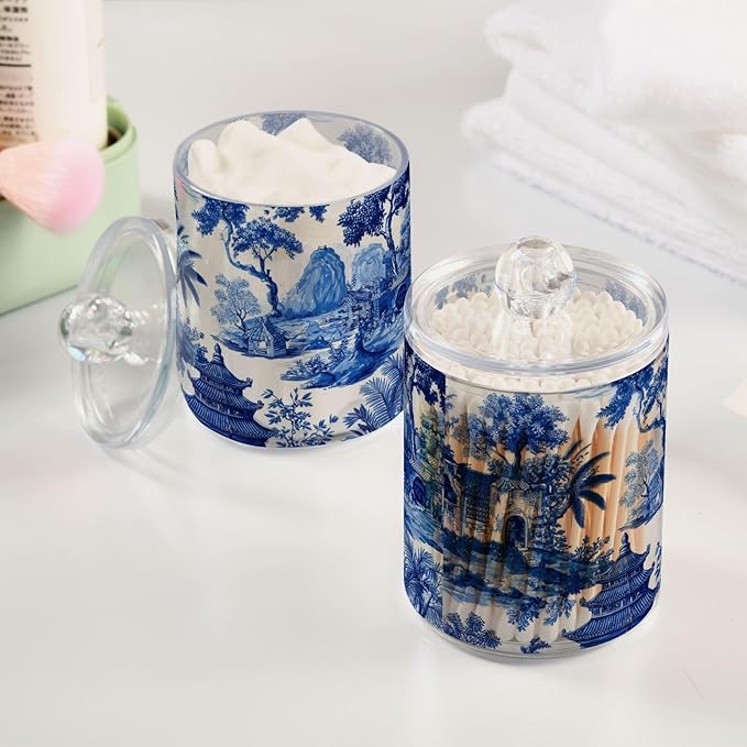 2 Pack Apothecary Jars Blue Chinoiserie Pagodas Trees Bathroom Vanity Storage Organizer Set,Small Clear Plastic Storage Jars Bathroom Canister for Cotton Swabs, Rounds, Balls, Qtips,Makeup Spon
