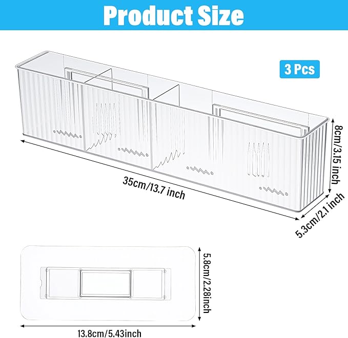 3 Pack Bathroom Makeup Organizer Wall Mount Clear Bathroom Organizers and Storage with 3 Compartments Plastic Storage Organizer Bins Floating Shelves for Wall, Narrow Space, Office, Bedroom 13.78''Len