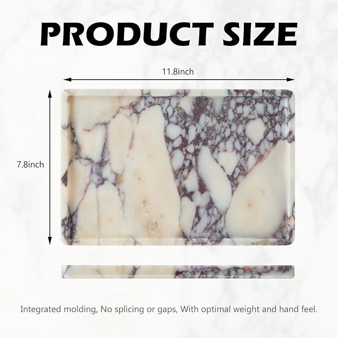 Luxury Natural Rectangle Marble Tray – 11.8 x 7.8-Inch Calacatta Viola Stone Vanity Tray, Large Catchall Organizer for Jewelry Perfume Keys, Decorative Tray for Bathroom Coffee Table & Dresser