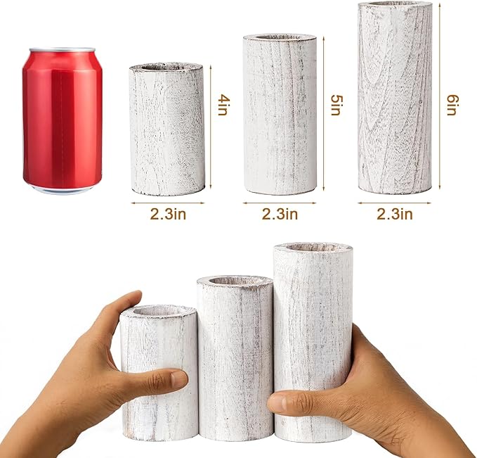 MelonBoat White Pillar Candle Holder:Farmhouse Candle Holders with Battery Operated Candles, Farmhouse Decor with Flameless LED Candles, Wood Centerpieces for Table 3-Pack for Holiday Party Home Decor