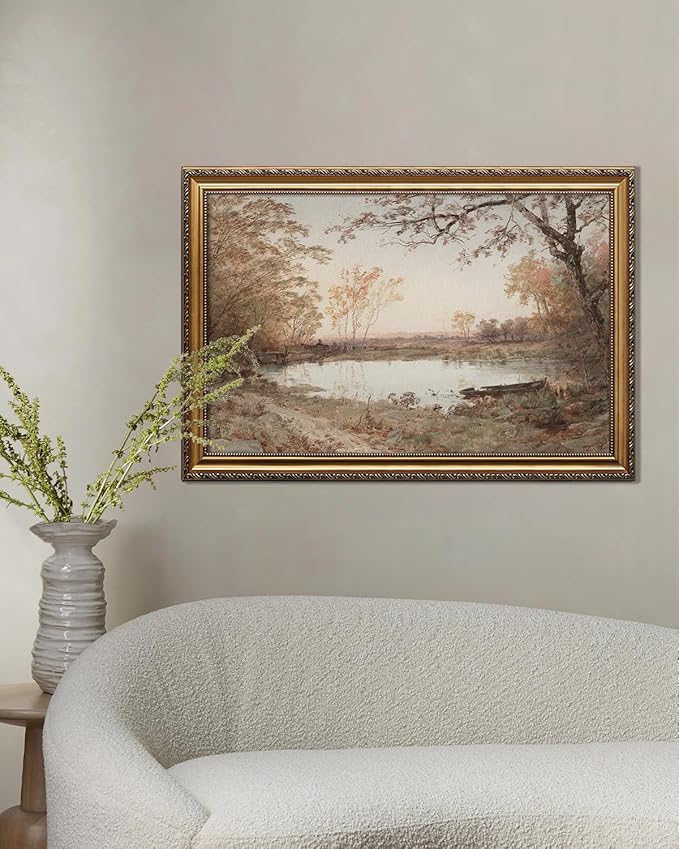 KBKBART Vintage Framed Wall Art for Living Room, French Country Decor Retro Rivers Muted Autumn Pond Landscape Oil Painting, Neutral Farmhouse Decor, Gold Framed Canvas Print, 16"x 24"