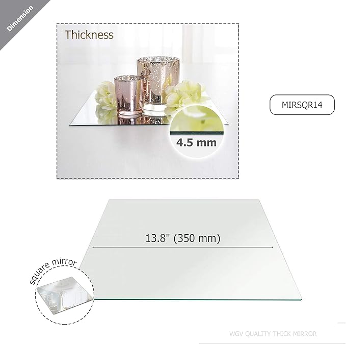 WGVI WGV Square Mirror Plate Sets Bulk 14" Width, 4.5 mm Thickness, Frameless Sanded Edges, Quality Thick Candle Tray, Home Event Party Wedding Table Centerpiece Wall Decor, 12 Pieces