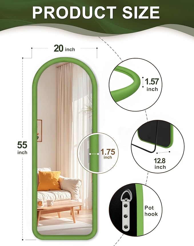 Delma Arched Full Length Mirror, Free Standing Floor Velvet Finish Frame Mirror for Leaning or Hanging, Soft Touch Bedroom & Living Room Decor,Green