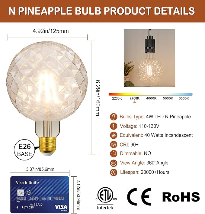 40 Watt Decorative Vintage LED Light Bulbs, N Pineapple 4W Clear LED Filament Edison Bulb,2700K Oversized Warm Lights,Non-Dimmable E26 Lamp Base,1-Pack
