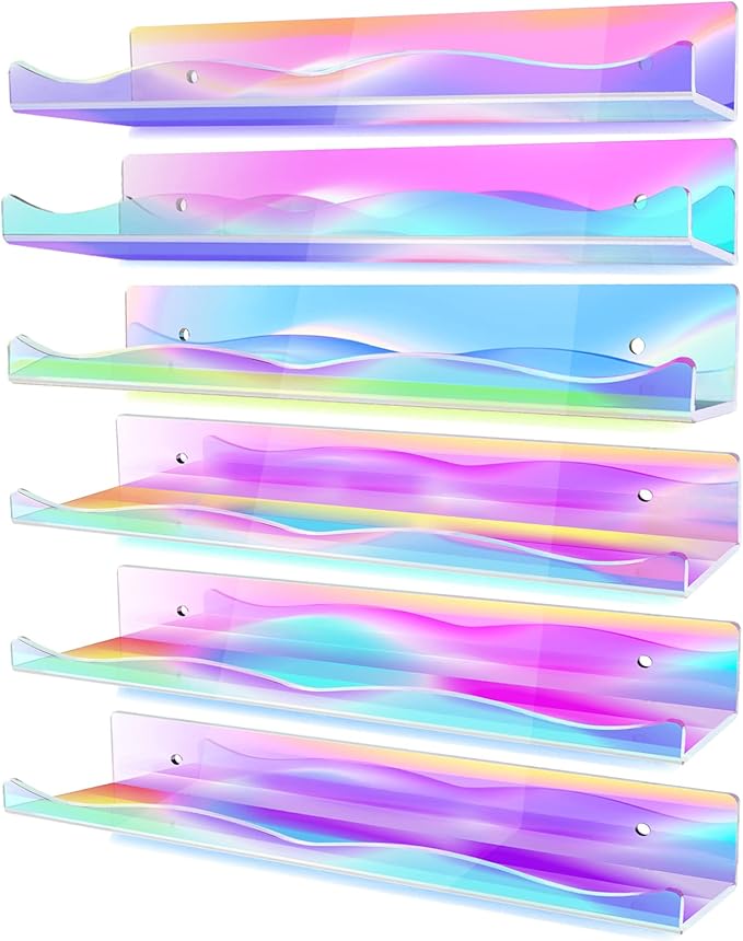 6 Packs Iridescent Clear Acrylic Floating Shelves, DILIBRA 15.7 Inch Large Set up for Funko Pop Display Case Picture Ledge Shelf, Acrylic Floating Wall Bookshelf Organizer for Kids Room Bathroom