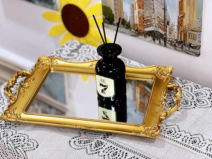 Rectangle Vintage Decorative Mirror Tray, Jewelry Cosmetics Makeup Storage Dresser Organizer Tray, Serving Tray (Golden - Rectangle)