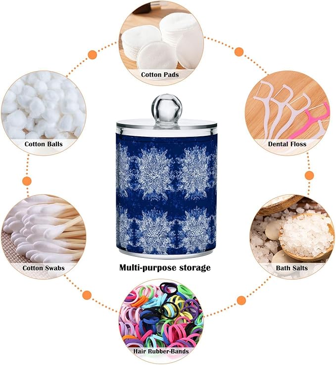 2 Pack Apothecary Jars Blue Snowflake Textile Design Bathroom Vanity Storage Organizer Set,Small Clear Plastic Storage Jars Bathroom Canister for Cotton Swabs, Rounds, Balls, Qtips,Makeup Spong