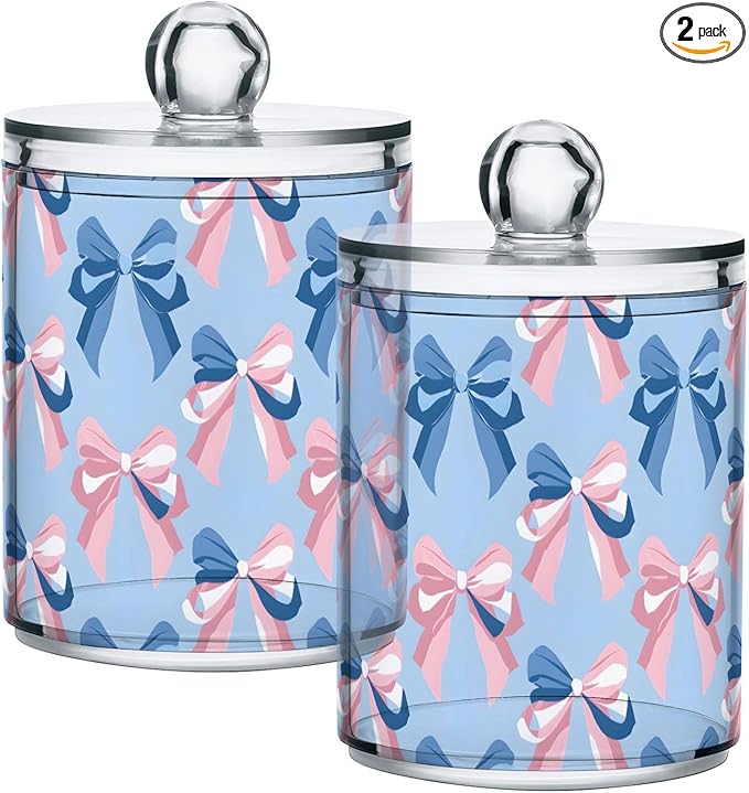 2 Pack Qtip Holder Dispenser for Cotton Ball Pink Bow Blue Pattern Swab Round Pads Clear Plastic Acrylic Jar Set Bathroom Canister