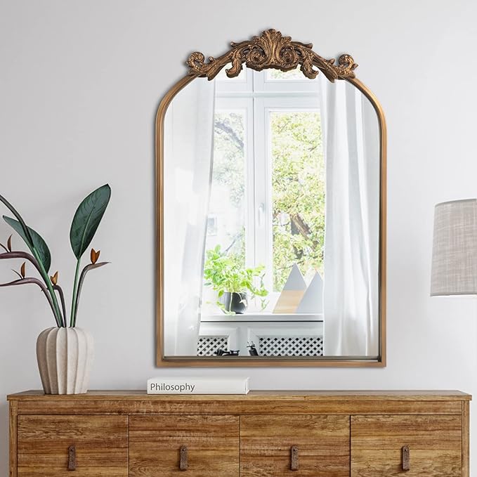 HQiJun Wall Mirror Window Decorative Traditional Vintage Ornate Baroque Mirrors Antique Arched Farmhouse for Living Room Bedroom Entryway Bathroom Vanity (27 * 19 * 1.2, Gold)