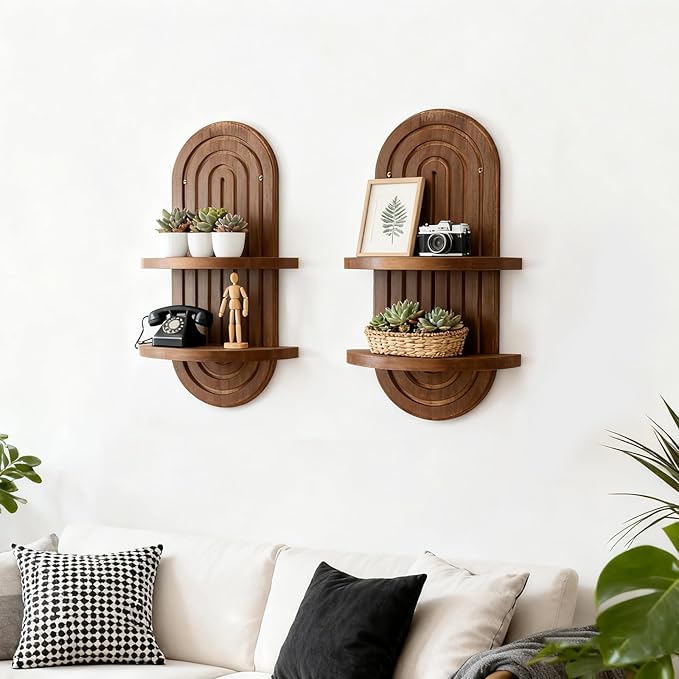 SHOHAYTO Boho Wall Shelves Set of 2 - Rainbow Arch Floating Shelves for Bedroom, Wooden Wall Shelf with Double Layer Design, Mid Century Modern Decor for Nursery, Living Room & Office
