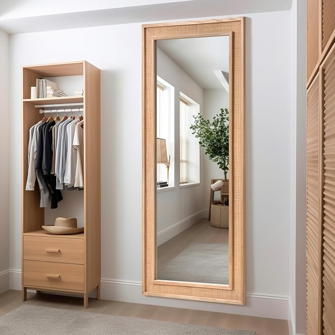 Rattan Full Length Mirror,34"x76" Long Rattan Wall Mirror,Wooden Mirror with Wicker Frame,Decorative Full Body Mirror Hanging,Farmhouse Rectangle Floor Mirror for Bathroom Living Dressing Room Nature