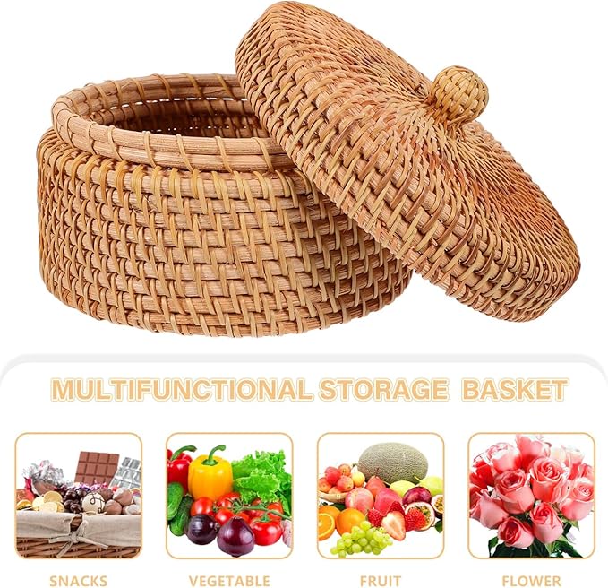 ULTNICE Round Rattan Storage Box with Lid - Hand Woven Rattan Basket for Desktop or Decorative Use
