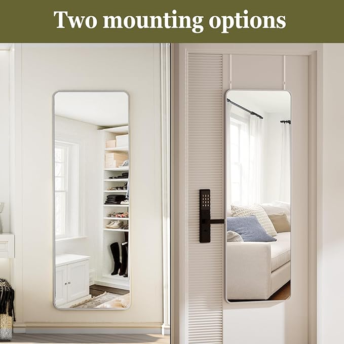 BEAUTYPEAK 14"x48" Full Length Over The Door Mirror, Aluminum Alloy Frame Full Body Mirror with Height-Adjustable Hangers, Hanging Mirrors for Bedroom, Living Room, Bathroom, Silver