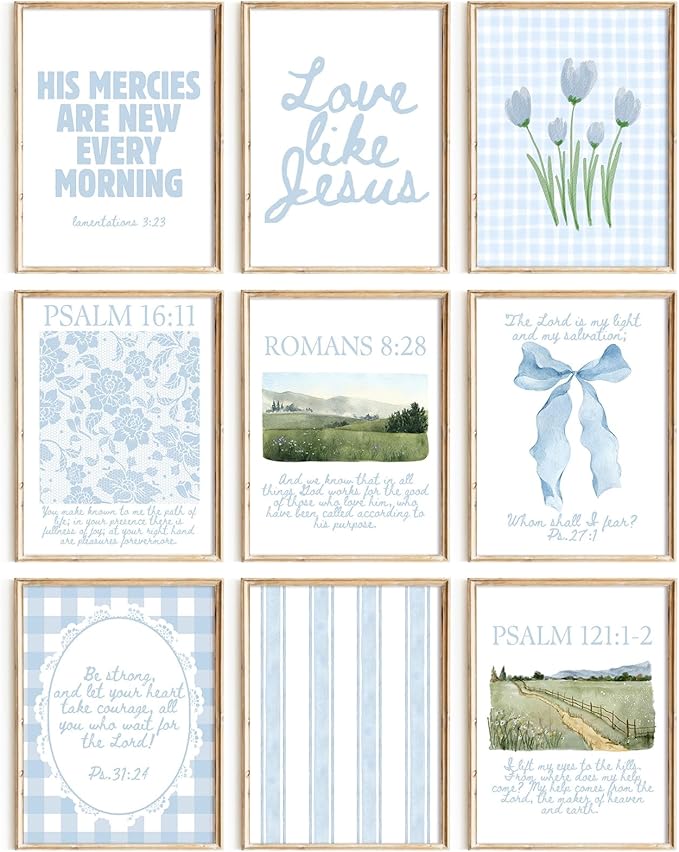 Light Blue Christian Wall Art Coquette Bible Verse Canvas Wall Decor Preppy Trendy Floral Poster Aesthetic Christian Bow Picture Religious Scripture Prints for Girls Dorm Bedroom 12x16x9 Inch Unframed