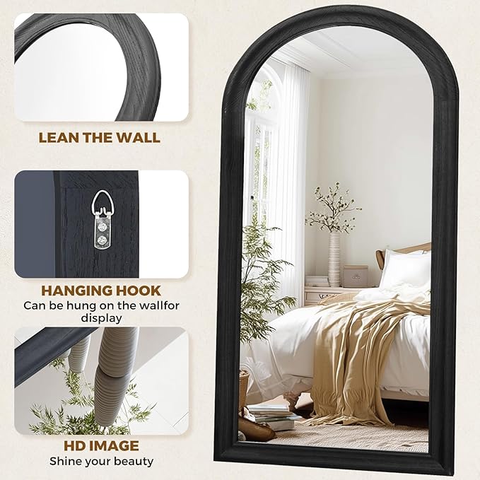 Arched Full Length Mirror 71"x32" - Rustic Black Solid Wood Wall Mirror, Oversized Leaning or Mounted Design for Bedroom, Entryway, Living Room Décor